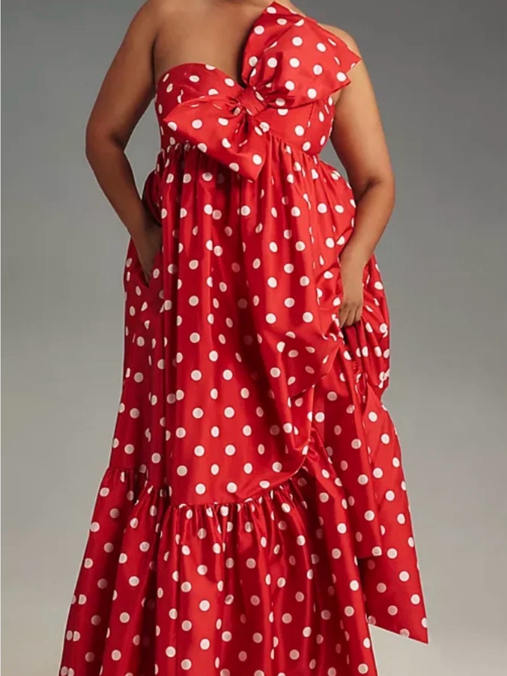 Anthropologie Atsu Sally Bow Red Polka Dot One-Shoulder Maxi Dress size M